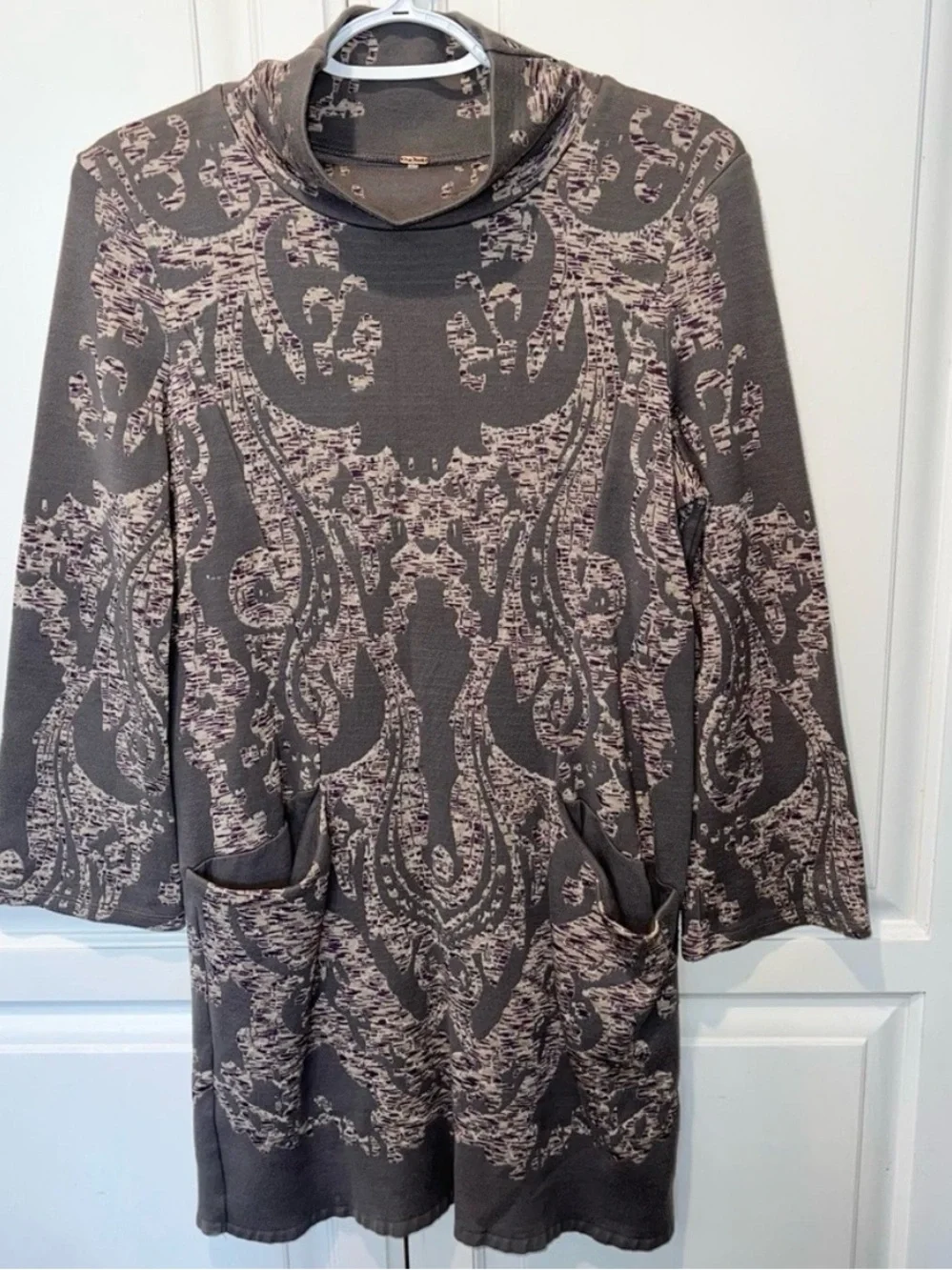 Free People Sweater Dress S Cowl Neck Boho Pocket Knit Tunic Gray Mauve